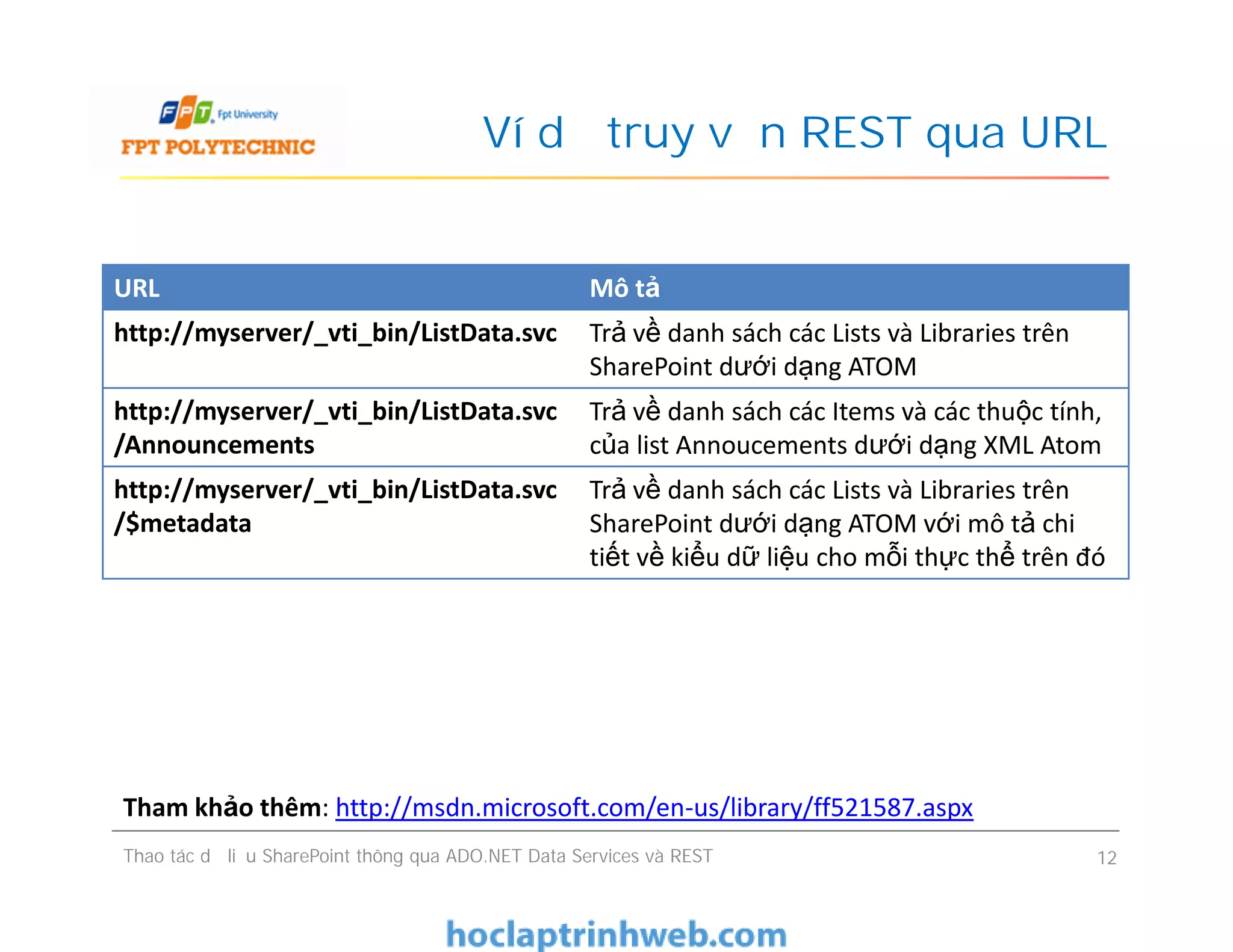 Ví dụ truy vấn REST qua URL
URL Mô tả
http://myserver/_vti_bin/ListData.svc Trả về danh sách các Lists và Libraries trên
SharePoint dưới dạng ATOM
http://myserver/_vti_bin/ListData.svc
/Announcements
Trả về danh sách các Items và các thuộc tính,
của list Annoucements dưới dạng XML Atom
http://myserver/_vti_bin/ListData.svc
/$metadata
Trả về danh sách các Lists và Libraries trên
SharePoint dưới dạng ATOM với mô tả chi
tiết về kiểu dữ liệu cho mỗi thực thể trên đó
http://myserver/_vti_bin/ListData.svc
/$metadata
Trả về danh sách các Lists và Libraries trên
SharePoint dưới dạng ATOM với mô tả chi
tiết về kiểu dữ liệu cho mỗi thực thể trên đó
Thao tác dữ liệu SharePoint thông qua ADO.NET Data Services và REST 12
Tham khảo thêm: http://msdn.microsoft.com/en-us/library/ff521587.aspx
 
