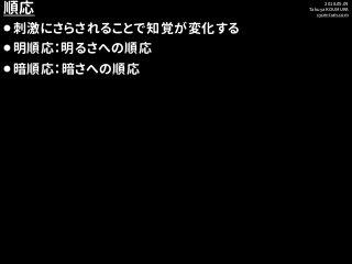 2018.05.09
Takuya KOUMURA
cycentum.com
順応
⚫刺激にさらされることで知覚が変化する
⚫明順応：明るさへの順応
⚫暗順応：暗さへの順応
 