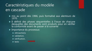 Caractéristiques du modèle
en cascade
 mis au point dès 1966, puis formalisé aux alentours de
1970.
 Il définit des phases séquentielles à l'issue de chacune
desquelles des documents sont produits pour en vérifier
la conformité avant de passer à la suivante
 Importance du processus:
 rétroactions
 validation,
 vérification,
 tests
 
