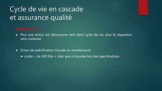Cycle de vie en cascade
et assurance qualité
Attention! (☹)
 Plus une erreur est découverte tard dans cycle de vie, plus la réparation
sera coûteuse
 Erreur de spécification trouvée en maintenance
☛ coûte + de 100 fois + cher que si trouvée lors des spécifications
 