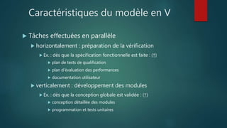 Caractéristiques du modèle en V
 Tâches effectuées en parallèle
 horizontalement : préparation de la vérification
 Ex. : dès que la spécification fonctionnelle est faite : (↑)
 plan de tests de qualification
 plan d'évaluation des performances
 documentation utilisateur
 verticalement : développement des modules
 Ex. : dès que la conception globale est validée : (↑)
 conception détaillée des modules
 programmation et tests unitaires
 