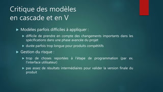 Critique des modèles
en cascade et en V
 Modèles parfois difficiles à appliquer :
 difficile de prendre en compte des changements importants dans les
spécifications dans une phase avancée du projet
 durée parfois trop longue pour produits compétitifs
 Gestion du risque :
 trop de choses reportées à l'étape de programmation (par ex.
l'interface utilisateur)
 pas assez de résultats intermédiaires pour valider la version finale du
produit
 