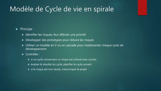 Modèle de Cycle de vie en spirale
 Principe :
 Identifier les risques, leur affecter une priorité
 Développer des prototypes pour réduire les risques
 Utiliser un modèle en V ou en cascade pour implémenter chaque cycle de
développement
 Contrôler :
 si un cycle concernant un risque est achevé avec succès,
 évaluer le résultat du cycle, planifier le cycle suivant
 si le risque est non résolu, interrompre le projet
 