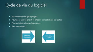 Cycle de vie du logiciel
 Pour maîtriser les gros projets
 Pour découper le projet et affecter correctement les tâches
 Pour anticiper et gérer les risques
 Il en existe deux:
 