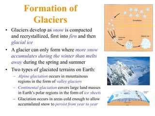 Formation of
Glaciers
• Glaciers develop as snow is compacted
and recrystallized, first into firn and then
glacial ice
• A glacier can only form where more snow
accumulates during the winter than melts
away during the spring and summer
• Two types of glaciated terrains on Earth:
– Alpine glaciation occurs in mountainous
regions in the form of valley glaciers
– Continental glaciation covers large land masses
in Earth’s polar regions in the form of ice sheets
– Glaciation occurs in areas cold enough to allow
accumulated snow to persist from year to year
 