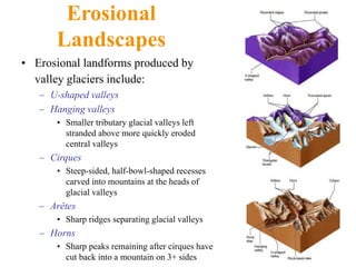 Erosional
Landscapes
• Erosional landforms produced by
valley glaciers include:
– U-shaped valleys
– Hanging valleys
• Smaller tributary glacial valleys left
stranded above more quickly eroded
central valleys
– Cirques
• Steep-sided, half-bowl-shaped recesses
carved into mountains at the heads of
glacial valleys
– Arêtes
• Sharp ridges separating glacial valleys
– Horns
• Sharp peaks remaining after cirques have
cut back into a mountain on 3+ sides
 