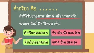 คาที่ใช้บอกอาการ สภาพ หรือการกระทา
ของคน สัตว์ พืช สิ่งของ เช่น
คากริยา คือ . . . . . .
คากริยาบอกอาการ
คากริยาบอกสภาพ
กิน เดิน นั่ง นอน โยน
ฉลาด อ้วน ผอม สูง
 