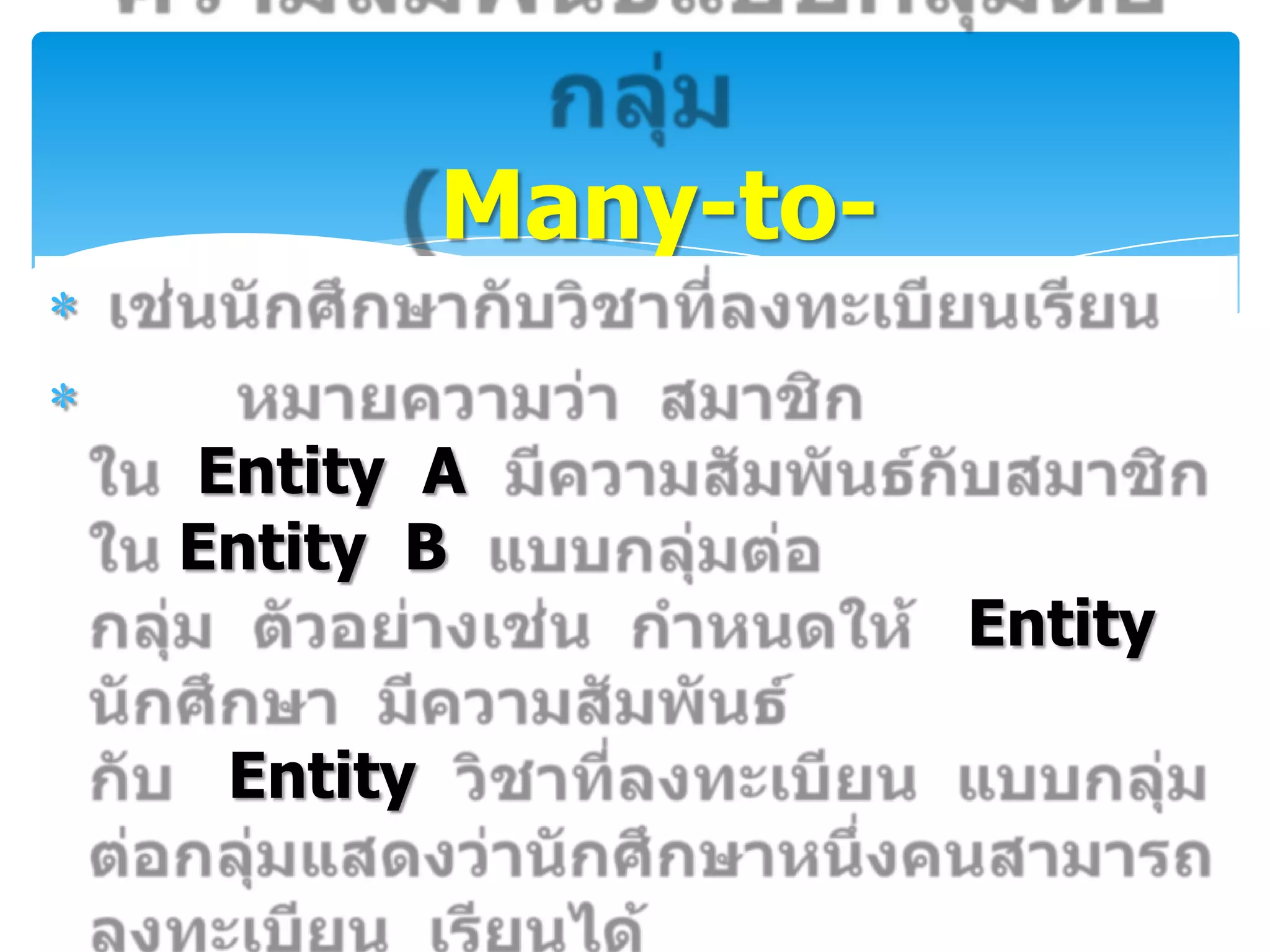 Many-to-
Many Relationship)
Entity A
Entity B
               Entity

 Entity
 