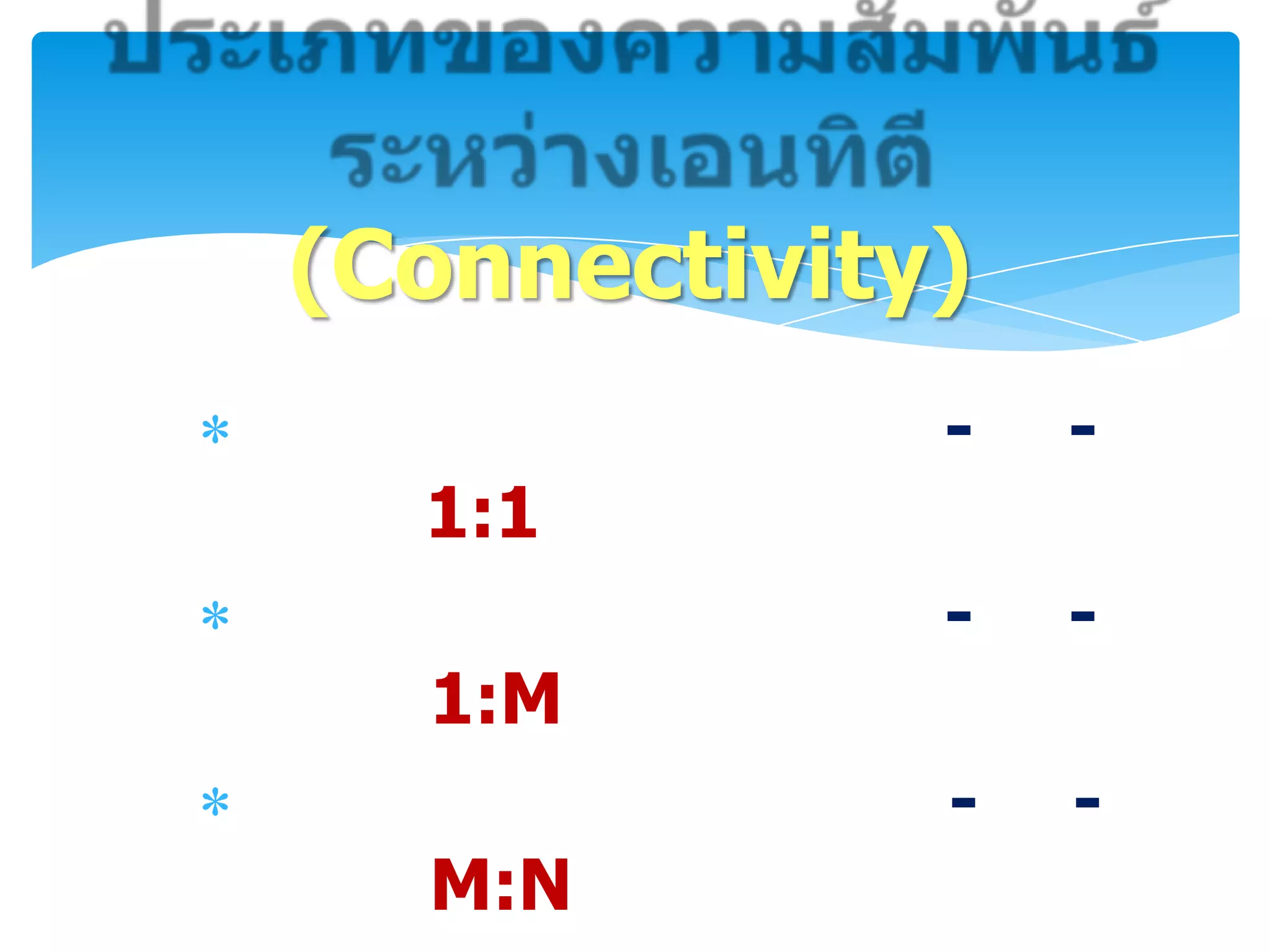 (Connectivity)
             -   -
  1:1
             -   -
  1:M
             -   -
  M:N
 
