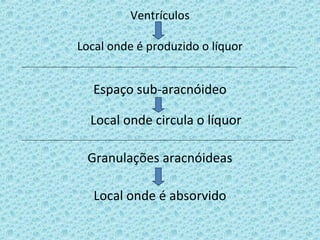 Ventrículos
Local onde é produzido o líquor
Espaço sub-aracnóideo
Local onde circula o líquor
Granulações aracnóideas
Local onde é absorvido
 