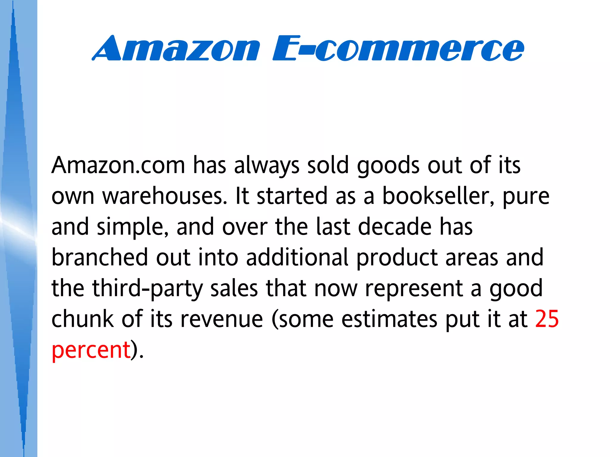 Amazon E-commerce

Amazon.com has always sold goods out of its
own warehouses. It started as a bookseller, pure
and simple, and over the last decade has
branched out into additional product areas and
the third-party sales that now represent a good
chunk of its revenue (some estimates put it at 25
percent).
 