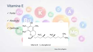 Vitamina E
 Fonte
 Absorção
 Carência
https://bit.ly/3kgjAIm
 
