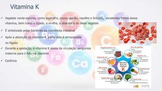Vitamina K
 Vegetais verde-escuros, como espinafre, couve, agrião, repolho e brócolis, excelentes fontes dessa
vitamina, bem como o fígado, a ervilha, o abacate e os óleos vegetais
 É sintetizada pelas bactérias da microbiota intestinal
 Após a absorção da vitamina K, parte dela é armazenada
no fígado
 Durante a gestação, a vitamina K passa da circulação sanguínea
materna para o feto via placenta
 Carência
 