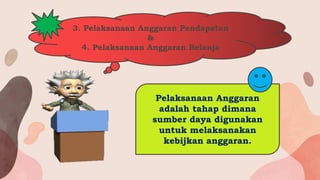 3. Pelaksanaan Anggaran Pendapatan
&
4. Pelaksanaan Anggaran Belanja
Pelaksanaan Anggaran
adalah tahap dimana
sumber daya digunakan
untuk melaksanakan
kebijkan anggaran.
 