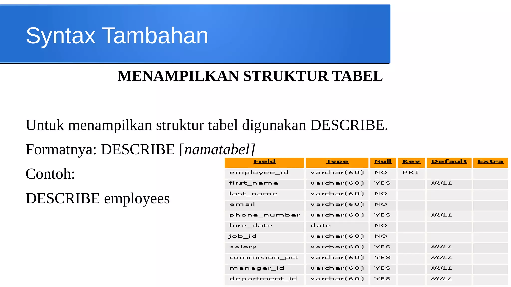 Syntax Tambahan
MENAMPILKAN STRUKTUR TABEL
Untuk menampilkan struktur tabel digunakan DESCRIBE.
Formatnya: DESCRIBE [namatabel]
Contoh:
DESCRIBE employees

 