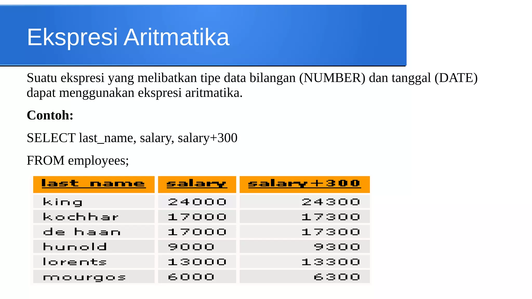 Ekspresi Aritmatika
Suatu ekspresi yang melibatkan tipe data bilangan (NUMBER) dan tanggal (DATE)
dapat menggunakan ekspresi aritmatika.
Contoh:
SELECT last_name, salary, salary+300
FROM employees;

 