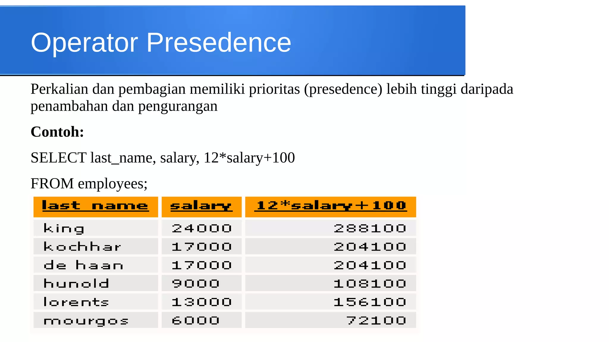 Operator Presedence
Perkalian dan pembagian memiliki prioritas (presedence) lebih tinggi daripada
penambahan dan pengurangan
Contoh:
SELECT last_name, salary, 12*salary+100
FROM employees;

 