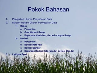 Pokok Bahasan
1. Pengertian Ukuran Penyebaran Data
2. Macam-macam Ukuran Penyebaran Data
1) Range
a. Pengertian
b. Cara Mencari Range
c. Kegunaan, Kelebihan, dan kekurangan Range
2) Deviasi
a. Pengertian
b. Deviasi Rata-rata
c. Deviasi Standar
d. Kegunaan Deviasi Rata-rata dan Deviasi Standar
3. Latihan Soal
 