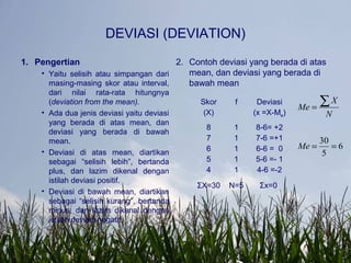 DEVIASI (DEVIATION)
1. Pengertian
• Yaitu selisih atau simpangan dari
masing-masing skor atau interval,
dari nilai rata-rata hitungnya
(deviation from the mean).
• Ada dua jenis deviasi yaitu deviasi
yang berada di atas mean, dan
deviasi yang berada di bawah
mean.
• Deviasi di atas mean, diartikan
sebagai “selisih lebih”, bertanda
plus, dan lazim dikenal dengan
istilah deviasi positif.
• Deviasi di bawah mean, diartikan
sebagai “selisih kurang”, bertanda
minus, dan lazim dikenal dengan
istilah deviasi negatif.
Skor
(X)
f Deviasi
(x =X-Me)
8
7
6
5
4
1
1
1
1
1
8-6= +2
7-6 =+1
6-6 = 0
5-6 =- 1
4-6 =-2
ΣX=30 N=5 Σx=0
2. Contoh deviasi yang berada di atas
mean, dan deviasi yang berada di
bawah mean
6
5
30
==
=
∑
Me
N
X
Me
 