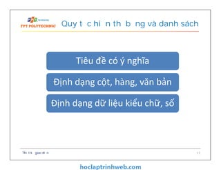 Quy tắc hiển thị bảng và danh sách
Thiết kế giao diện 17
Tiêu đề có ý nghĩa
Định dạng cột, hàng, văn bản
Định dạng dữ liệu kiểu chữ, số
 
