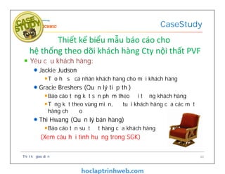 Yêu cầu khách hàng:
Jackie Judson
Tạo hồ sơ cá nhân khách hàng cho mỗi khách hàng
Gracie Breshers (Quản lý tiếp thị)
Báo cáo tổng kết sản phẩm theo đối tượng khách hàng
Tổng kết theo vùng miền, độ tuổi khách hàng của các mặt
hàng chủ đạo
Thi Hwang (Quản lý bán hàng)
Báo cáo tần suất đặt hàng của khách hàng
(Xem câu hỏi tình huống trong SGK)
CaseStudy
Thiết kế giao diện 44
Thiết kế biểu mẫu báo cáo cho
hệ thống theo dõi khách hàng Cty nội thất PVF
 