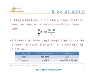 Sắp xếp lựa chọn
Đánh giá giải thuật trên: Ở lượt thứ i, bao giờ cũng cần (n-i) lần so
sánh để xác định phần tử nhỏ nhất hiện hành. Do vậy số lần so
sánh:
Số lần hoán vị (một hoán vị bằng 3 phép gán) lại phụ thuộc vào tình
trạng ban đầu của dãy số, ta chỉ có thể ước lược trong từng trường
hợp như sau:
Slide 5 - Các thuật toán sắp xếp và tìm kiếm cơ bản 14
Trường hợp Số lân so sánh Số phép gán
Tốt nhất n(n-1)/2 3(n-1)
Xấu nhất n(n-1)/2 n(n-1)/2 + 3(n-1)
 