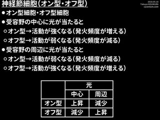 2018.05.16
Takuya KOUMURA
cycentum.com
神経節細胞（オン型・オフ型）
⚫オン型細胞・オフ型細胞
⚫受容野の中心に光が当たると
⚪オン型→活動が強くなる（発火頻度が増える）
⚪オフ型→活動が弱くなる（発火頻度...