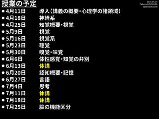 2018.05.16
Takuya KOUMURA
cycentum.com
授業の予定
⚫ 4月11日 導入（講義の概要・心理学の諸領域）
⚫ 4月18日 神経系
⚫ 4月25日 知覚概要・視覚
⚫ 5月9日 視覚
⚫ 5月16日 視覚系
⚫...