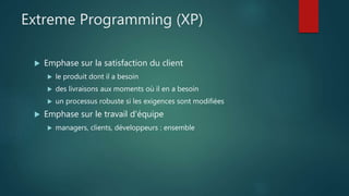 Extreme Programming (XP)
 Emphase sur la satisfaction du client
 le produit dont il a besoin
 des livraisons aux moments où il en a besoin
 un processus robuste si les exigences sont modifiées
 Emphase sur le travail d'équipe
 managers, clients, développeurs : ensemble
 