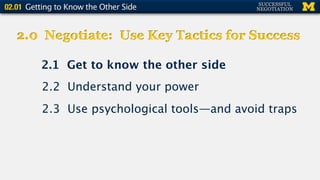 2.1 Get to know the other side
2.2 Understand your power
2.3 Use psychological tools—and avoid traps
2.0 Negotiate: Use Key Tactics for Success
 