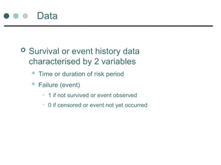 Data
 Survival or event history data
characterised by 2 variables
 Time or duration of risk period
 Failure (event)
• 1 if not survived or event observed
• 0 if censored or event not yet occurred
 