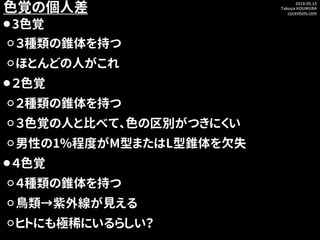 2019.05.15
Takuya KOUMURA
cycentum.com
色覚の個人差
⚫3色覚
⚪３種類の錐体を持つ
⚪ほとんどの人がこれ
⚫２色覚
⚪２種類の錐体を持つ
⚪３色覚の人と比べて、色の区別がつきにくい
⚪男性の1%程度がM型...