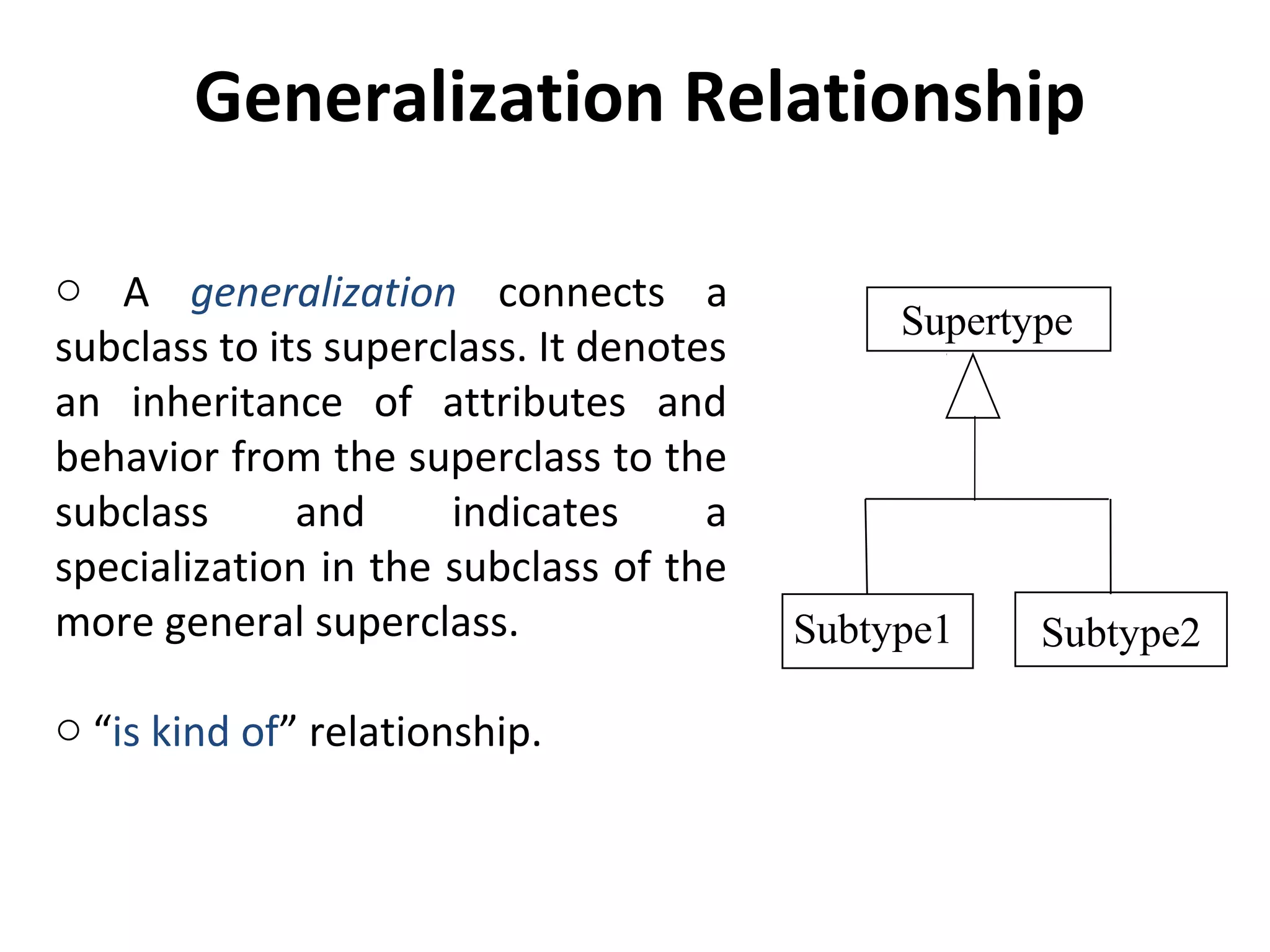 Generalization Relationship
o A generalization connects a
subclass to its superclass. It denotes
an inheritance of attributes and
behavior from the superclass to the
subclass and indicates a
specialization in the subclass of the
more general superclass.
o “is kind of” relationship.
Subtype2Subtype1
Supertype
 