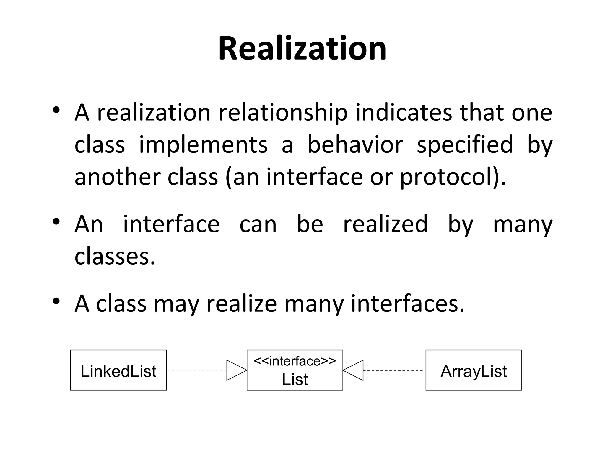 Realization
• A realization relationship indicates that one
class implements a behavior specified by
another class (an interface or protocol).
• An interface can be realized by many
classes.
• A class may realize many interfaces.
LinkedList
<<interface>>
List ArrayList
 