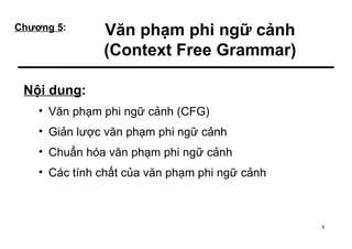 Chương 5:      Văn phạm phi ngữ cảnh
               (Context Free Grammar)

 Nội dung:
    • Văn phạm phi ngữ cảnh (CFG)
    • Giản lược văn phạm phi ngữ cảnh
    • Chuẩn hóa văn phạm phi ngữ cảnh
    • Các tính chất của văn phạm phi ngữ cảnh



                                                1
 