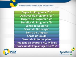 Projeto Extensão Industrial Exportadora
O que é o Programa “5s”
Objetivos do Programa “5s”
Origem do Programa “5s”
Desafios do Programa “5s
Senso de Descarte
Senso de Ordenação
Senso de Limpeza
Senso de Saúde
Senso de Autodisciplina
Imagens da Empresa NCJ Móveis
Processo de Implantação do “5s”
 