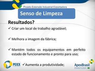 Projeto Extensão Industrial Exportadora
Resultados?
 Criar um local de trabalho agradável;
 Melhora a imagem da fábrica;
 Mantém todos os equipamentos em perfeito
estado de funcionamento e pronto para uso;
Aumenta a produtividade;
Senso de Limpeza
 