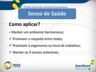 Projeto Extensão Industrial Exportadora
Como aplicar?
 Manter um ambiente harmonioso;
 Promover o respeito entre todos;
 Promover a ergonomia no local de trabalhos;
 Manter os 3 sensos anteriores.
Senso de Saúde
 
