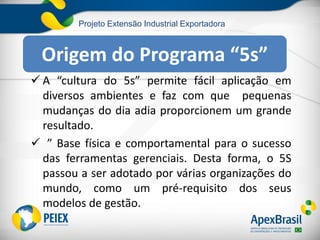 Projeto Extensão Industrial Exportadora
 A “cultura do 5s” permite fácil aplicação em
diversos ambientes e faz com que pequenas
mudanças do dia adia proporcionem um grande
resultado.
 ” Base física e comportamental para o sucesso
das ferramentas gerenciais. Desta forma, o 5S
passou a ser adotado por várias organizações do
mundo, como um pré-requisito dos seus
modelos de gestão.
Origem do Programa “5s”
 
