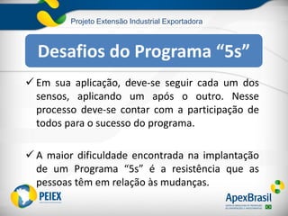 Projeto Extensão Industrial Exportadora
 Em sua aplicação, deve-se seguir cada um dos
sensos, aplicando um após o outro. Nesse
processo deve-se contar com a participação de
todos para o sucesso do programa.
 A maior dificuldade encontrada na implantação
de um Programa “5s” é a resistência que as
pessoas têm em relação às mudanças.
Desafios do Programa “5s”
 