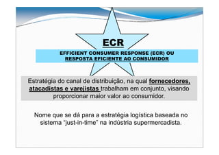 ECR
           EFFICIENT CONSUMER RESPONSE (ECR) OU
             RESPOSTA EFICIENTE AO CONSUMIDOR



Estratégia do canal de distribuição, na qual fornecedores,
atacadistas e varejistas trabalham em conjunto, visando
         proporcionar maior valor ao consumidor.


  Nome que se dá para a estratégia logística baseada no
   sistema “just-in-time” na indústria supermercadista.
 