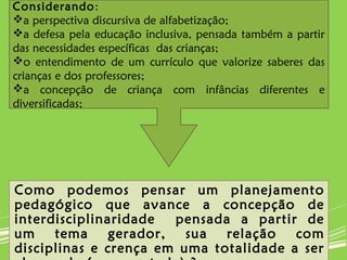 Considerando:
a perspectiva discursiva de alfabetização;
a defesa pela educação inclusiva, pensada também a partir
das necessidades específicas das crianças;
o entendimento de um currículo que valorize saberes das
crianças e dos professores;
a concepção de criança com infâncias diferentes e
diversificadas;
Como podemos pensar um planejamento
pedagógico que avance a concepção de
interdisciplinaridade pensada a partir de
um tema gerador, sua relação com
disciplinas e crença em uma totalidade a ser
 