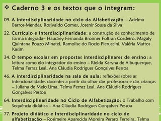  Caderno 3 e os textos que o integram:
09. A interdisciplinaridade no ciclo da Alfabetização – Adelma
Barros-Mendes, Rosivaldo Gomes, Josenir Sousa da Silva
22. Currículo e Interdisciplinaridade: a construção de conhecimento de
forma integrada– Haudrey Fernanda Bronner Foltran Cordeiro, Magaly
Quintana Pouzo Minatel, Ramolise do Rocio Pieruccini, Valéria Mattos
Kasim
34. O tempo escolar em propostas interdisciplinares de ensino: a
leitura como elo integrador do ensino – Rielda Karyna de Albuquerque,
Telma Ferraz Leal, Ana Cláudia Rodrigues Gonçalves Pessoa
46. A interdisciplinaridade na sala de aula: reflexões sobre as
intencionalidades docentes a partir do olhar das professoras e das crianças
– Juliana de Melo Lima, Telma Ferraz Leal, Ana Cláudia Rodrigues
Gonçalves Pessoa
64. Interdisciplinaridade no Ciclo de Alfabetização: o Trabalho com
Sequência didática – Ana Cláudia Rodrigues Gonçalves Pessoa
77. Projeto didático e Interdisciplinaridade no ciclo de
alfabetização – Rosimeire Aparecida Moreira Peraro Ferreira, Telma
 