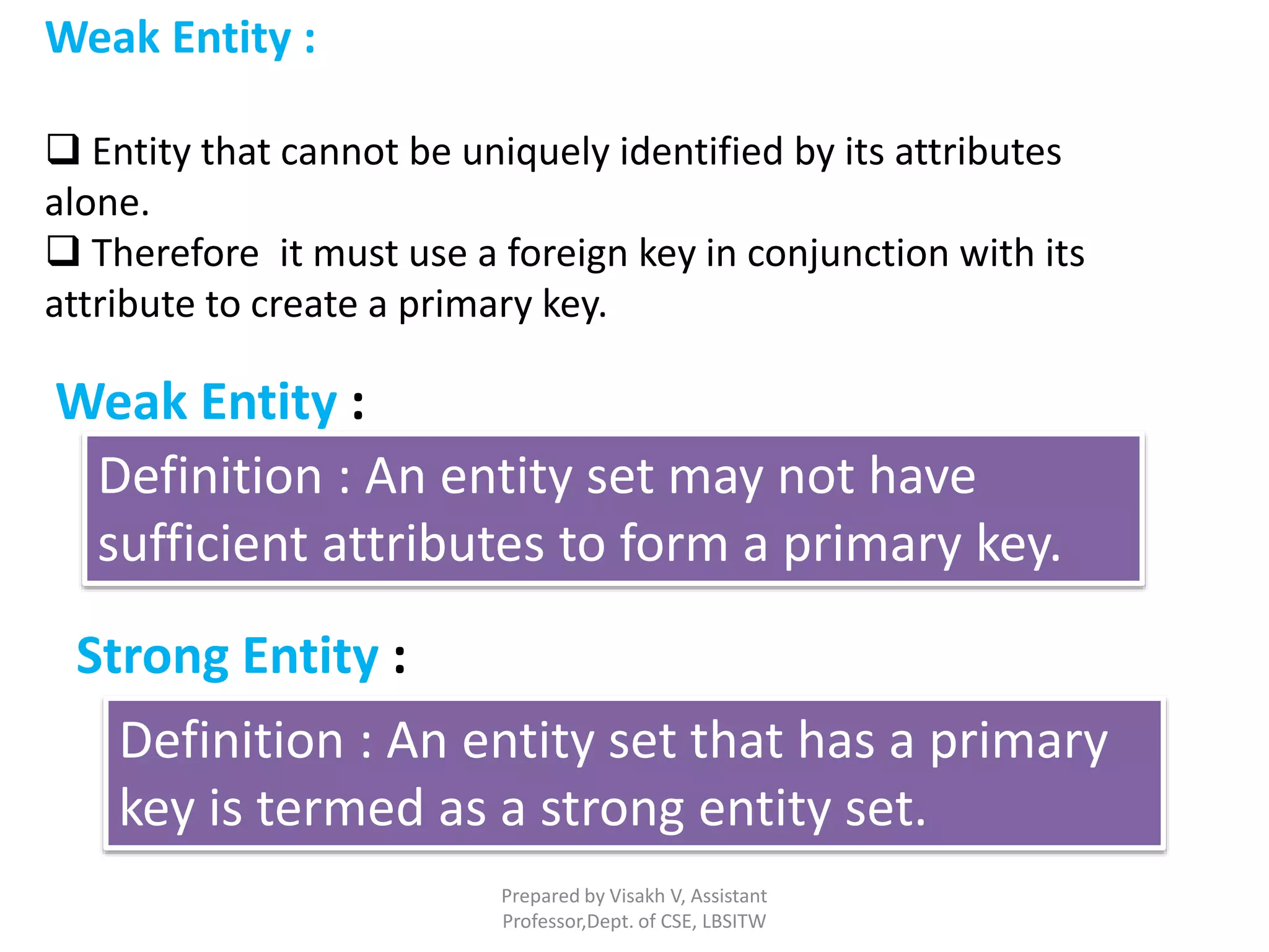 Prepared by Visakh V, Assistant
Professor,Dept. of CSE, LBSITW
Weak Entity :
 Entity that cannot be uniquely identified by its attributes
alone.
 Therefore it must use a foreign key in conjunction with its
attribute to create a primary key.
Definition : An entity set may not have
sufficient attributes to form a primary key.
Strong Entity :
Definition : An entity set that has a primary
key is termed as a strong entity set.
Weak Entity :
 
