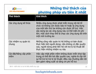 Thử thách Giải thích
Các ứng dụng kế thừa Nhiều ứng dụng được phát triển trong nội bộ tổ
chức và không còn được bảo trì hoặc là ứng dụng
của một bên thứ ba không còn được hỗ trợ. Việc
xây dựng lại các ứng dụng này có thể mất chi phí
lớn; một cách thay thế là chạy các ứng dụng đó trên
một môi trường ảo
Những thử thách của
phương pháp ưu tiên ít nhất
26
Nhiều ứng dụng được phát triển trong nội bộ tổ
chức và không còn được bảo trì hoặc là ứng dụng
của một bên thứ ba không còn được hỗ trợ. Việc
xây dựng lại các ứng dụng này có thể mất chi phí
lớn; một cách thay thế là chạy các ứng dụng đó trên
một môi trường ảo
Các nhiệm vụ quản trị
chung
Những công việc quản trị hệ thống cơ bản được
thực hiện bởi người dùng; nếu không có đặc quyền
cao, người dùng phải liên hệ với trợ lý kỹ thuật để
thực hiện những nhiệm vụ này
Cài đặt/Nâng cấp phần
mềm
Việc cập nhật phần mềm không được triển khai tập
trung có thể đòi hỏi đặc quyền cao, nghĩa là cần tới
sự hỗ trợ từ trợ lý kỹ thuật; điều này thường dẫn tới
làm giảm năng suất và tăng chi phí hỗ trợ
Bài 6 - Kiến thức cơ sở về điều khiển truy cập
 