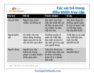 Vai trò Mô tả Trách nhiệm Ví dụ
Chủ sở hữu Người chịu trách
nhiệm về thông tin
Xác định mức bảo
mật cần thiết đối với
dữ liệu và giao phó
các nhiệm vụ bảo
mật khi cần.
Xác định rằng chỉ
những người quản
lý của cơ quan mới
có thể đọc được
file SALARY.XLSX
Người giám
sát
Cá nhân mà mọi
hành động thường
ngày của anh ta do
chủ sở hữu quy định
Thường xuyên rà
soát các thiết lập
bảo mật và duy trì
các bản ghi truy cập
của người dùng
Thiết lập và rà soát
các thiết lập bảo
mật cho file
SALARY.XLSX
Các vai trò trong
điều khiển truy cập
Bài 6 - Kiến thức cơ sở về điều khiển truy cập 9
Người giám
sát
Cá nhân mà mọi
hành động thường
ngày của anh ta do
chủ sở hữu quy định
Thường xuyên rà
soát các thiết lập
bảo mật và duy trì
các bản ghi truy cập
của người dùng
Thiết lập và rà soát
các thiết lập bảo
mật cho file
SALARY.XLSX
Người dùng Người truy cập
thông tin trong
phạm vi trách nhiệm
được giao phó
Tuân thủ đúng các
chỉ dẫn bảo mật của
tổ chức và không
được cố ý vi phạm
bảo mật
Mở file
SALARY.XSLX
 