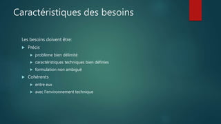 Caractéristiques des besoins
Les besoins doivent être:
 Précis
 problème bien délimité
 caractéristiques techniques bien définies
 formulation non ambiguë
 Cohérents
 entre eux
 avec l'environnement technique
 