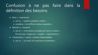 Confusion à ne pas faire dans la
définition des besoins
 Buts (~ intentions)
 par ex. : « système agréable à utiliser »
 problème : c'est difficile à évaluer (agréable...)
 Besoins (~ moyens)
 par ex. : « commandes activables par menu ou clavier »
(On dit aussi « exigences » / anglais : « requirements »)
 Contraintes (~ seuils / choses (im)possibles)
 par ex. : « au moins 10 connections simultanées »
 