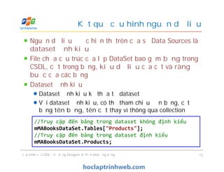 Nguồn dữ liệu được hiển thị trên cửa sổ Data Sources là
dataset định kiểu
File chứa cấu trúc của lớp DataSet bao gồm bảng trong
CSDL, cột trong bảng, kiểu dữ liệu của cột và ràng
buộc của các bảng
Dataset định kiểu
Dataset định kiểu kế thừa từ dataset
Với dataset định kiểu, có thể tham chiếu đến bảng, cột
bằng tên bảng, tên cột thay vì thông qua collection
Kết quả cấu hình nguồn dữ liệu
Nguồn dữ liệu được hiển thị trên cửa sổ Data Sources là
dataset định kiểu
File chứa cấu trúc của lớp DataSet bao gồm bảng trong
CSDL, cột trong bảng, kiểu dữ liệu của cột và ràng
buộc của các bảng
Dataset định kiểu
Dataset định kiểu kế thừa từ dataset
Với dataset định kiểu, có thể tham chiếu đến bảng, cột
bằng tên bảng, tên cột thay vì thông qua collection
Lập trình với CSDL - Sử dụng Designer & Triển khai ứng dụng 12
//Truy cập đến bảng trong dataset không định kiểu
mMABooksDataSet.Tables["Products"];
//Truy cập đến bảng trong dataset định kiểu
mMABooksDataSet.Products;
 