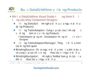 Khi tạo DataGridView Visual Studio tự động thêm 5 đối
tượng vào khay Component Designer
Đối tượng DataSet: định nghĩa dữ liệu của nguồn dữ liệu
(bảng Products)
Đối tượng TableAdapter: Cung cấp các câu lệnh sql được
sử dụng để làm việc với bảng Products
TableAdapter giống như DataAdapter nhưng chỉ được tạo bởi
Designer
Đối tượng TableAdapterManager: Thay đổi dữ liệu trên
các bảng liên quan
BindingSource: Chỉ ra nguồn dữ liệu mà điều khiển buộc
và cung cấp các chức năng để thao tác với nguồn dữ liệu
BindingNavigator: Định nghĩa Toolbar bao gồm các điều
khiển để thao tác với nguồn dữ liệu
Buộc DataGridView với bảng Products
Khi tạo DataGridView Visual Studio tự động thêm 5 đối
tượng vào khay Component Designer
Đối tượng DataSet: định nghĩa dữ liệu của nguồn dữ liệu
(bảng Products)
Đối tượng TableAdapter: Cung cấp các câu lệnh sql được
sử dụng để làm việc với bảng Products
TableAdapter giống như DataAdapter nhưng chỉ được tạo bởi
Designer
Đối tượng TableAdapterManager: Thay đổi dữ liệu trên
các bảng liên quan
BindingSource: Chỉ ra nguồn dữ liệu mà điều khiển buộc
và cung cấp các chức năng để thao tác với nguồn dữ liệu
BindingNavigator: Định nghĩa Toolbar bao gồm các điều
khiển để thao tác với nguồn dữ liệu
Lập trình với CSDL - Sử dụng Designer & Triển khai ứng dụng 16
 